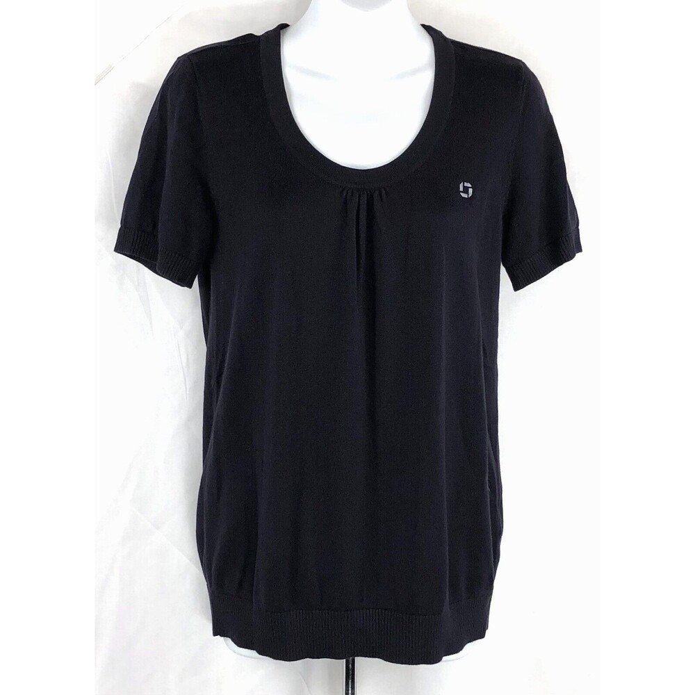 Lands End Baby doll sweater M navy blue scoopneck short sleeve viscose preppy